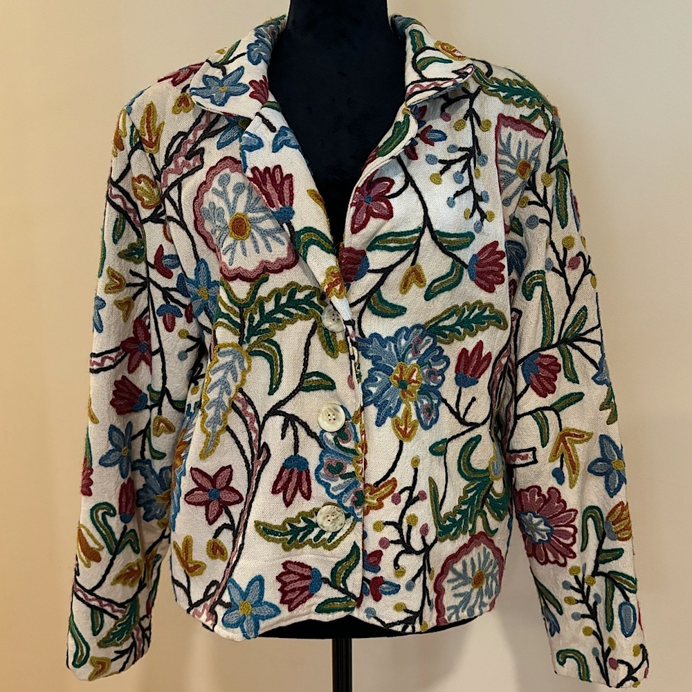 Floral Embroidered White Multicolor Blazer Jacket